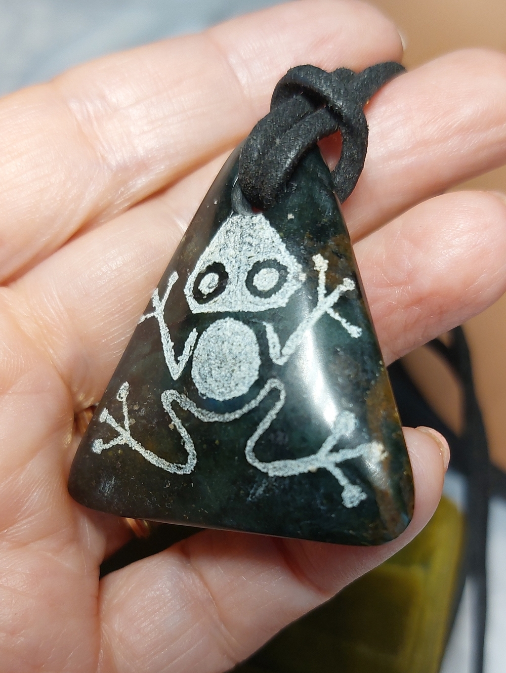 Vintage Taino Coqui Frog Carved Green Jade Pendant Leather Cord Necklace